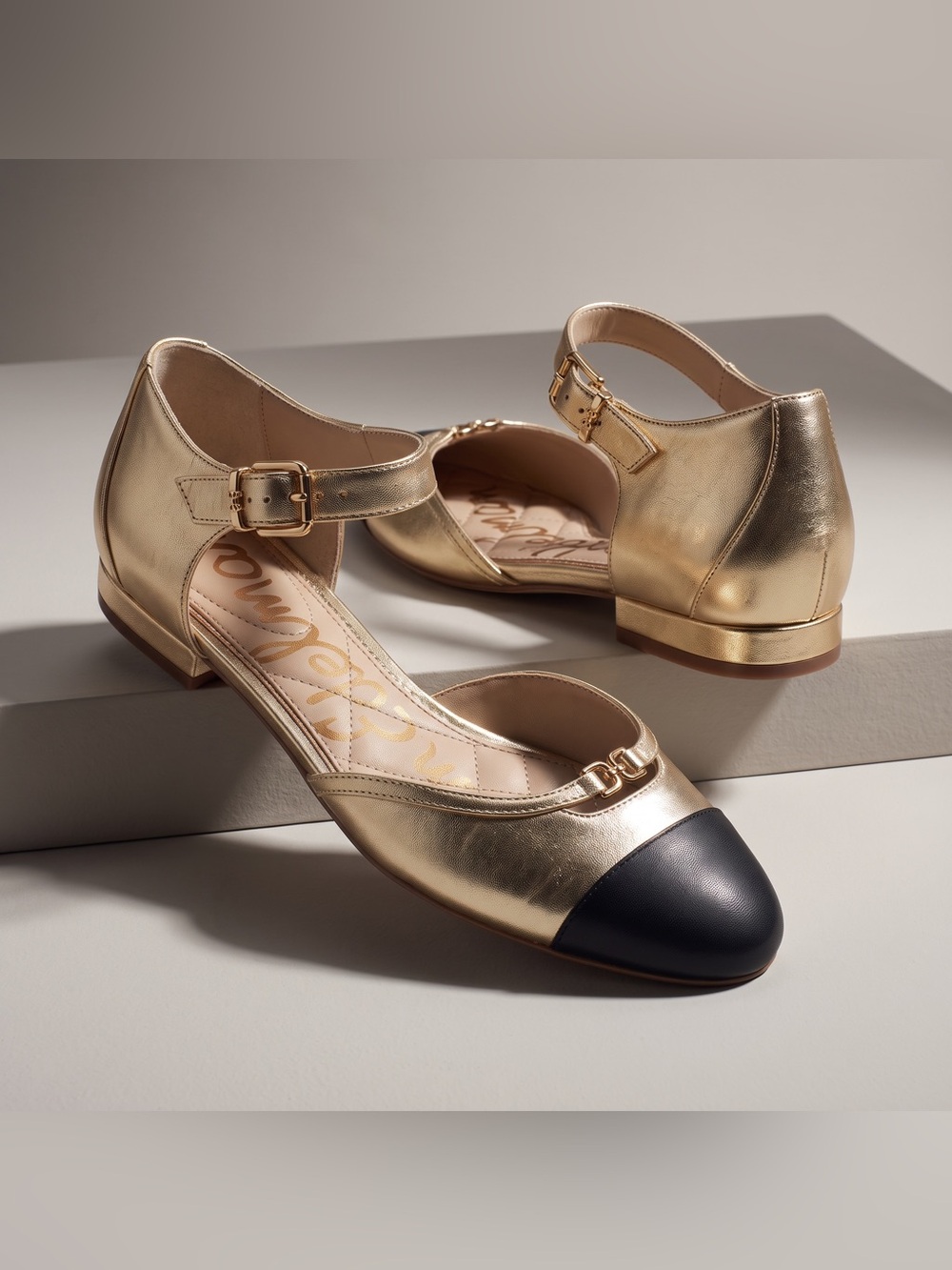 Sam Edelman Rylie Cap Toe Mary Jane Flats Metallic Gold with Black - Picture 2 of 15